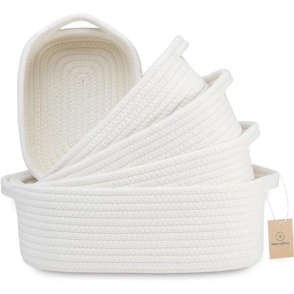 5-Piece Rectangle Storage Basket Set- Natural Cotton Rope Woven